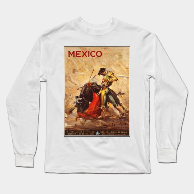 Matador and Bull - Vintage Mexico Travel Poster Design Long Sleeve T-Shirt by Naves